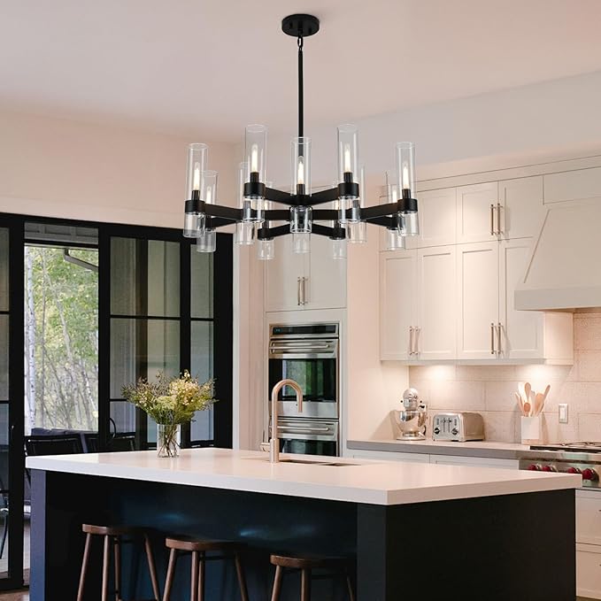 12 Light Black Chandeliers for Dining Room Light Fixtures Over Table, Modern Farmhouse Chandelier with Clear Glass Cover for Living Dining Room Kitchen Island Bedroom Foyer 34"