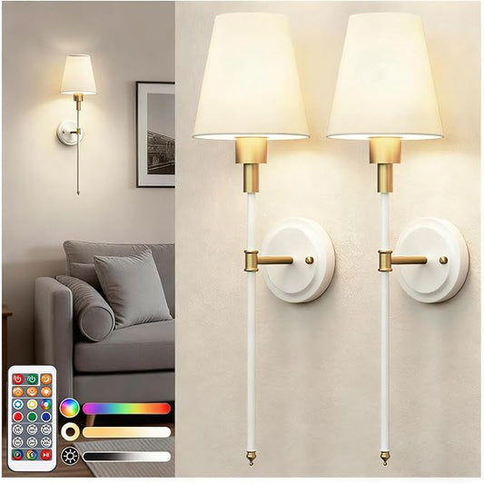 DORESshop Battery Operated Wall Sconce Set of 2, Wireless Wall Light Easy to Install, 7 Color Rechargeable Wall Sconces, Sconce Wall Decor Set of 2 for Bedroom, Living Room, Gold and White, 24.6in