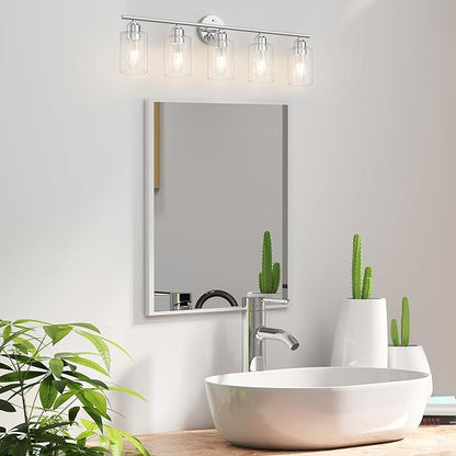 Bathroom Vanity Light Fixtures Polished Chrome Bathroom Lighting Fixture, 5 Lights Bathroom Light Fixture Over Mirror, Modern Black Vanity Light, Wall Sconces with Glass Shades