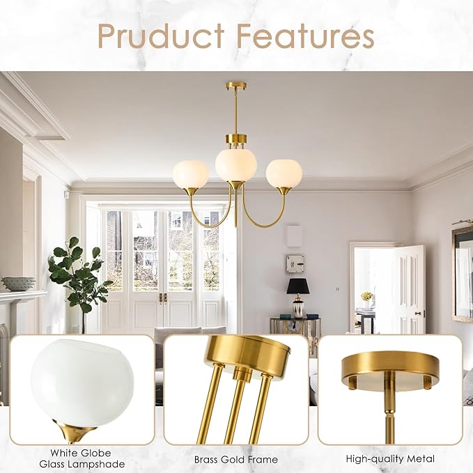 Modern Globe Chandelier 3 Light Mid Century White Milk Glass Vintage Sputnik Chandeliers Gold Pendant Light Fixtures for Dining Room Kitchen Living Room Bedroom