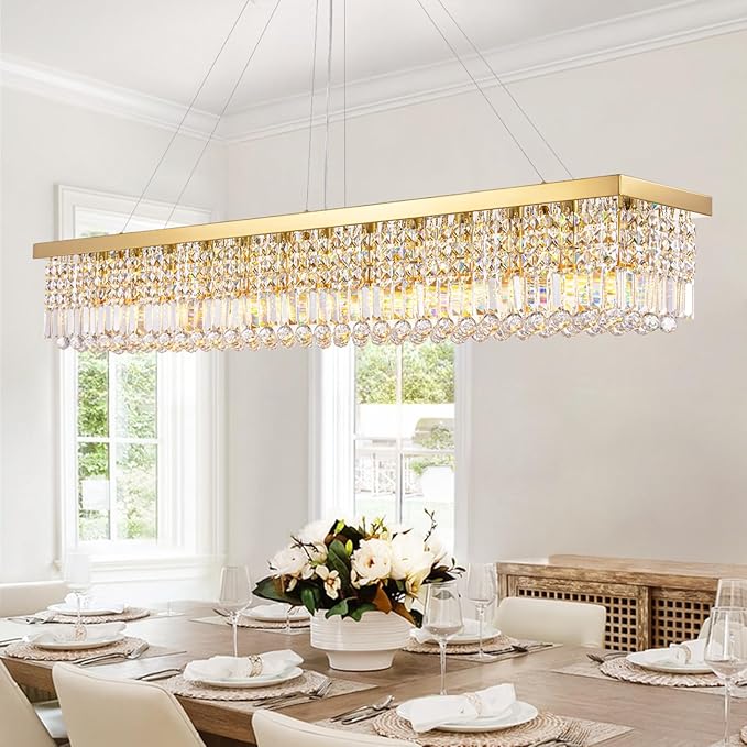 Siljoy Rectangular Gold Crystal Chandelier, 13-Light Modern Rectangle K9 Crystal Raindrop Chandelier, Luxury Dimmable Crystal Ceiling Light for Dining Room Living Room Kitchen Island L59''