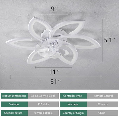 Flower Modern Ceiling Fans with Lights, Low Profile Ceiling Fan with Remote for Bedroom, Flush Mount Ceiling Fan with LED Dimmable Light,3-Colors, 6-Speeds, Timing CeilingFan Lights-White