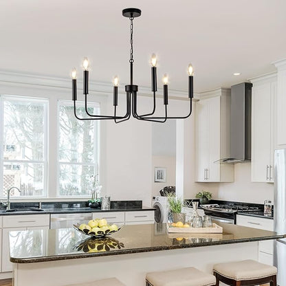 Farmhouse Candle Chandelier, 6 Light Rustic Black Ceiling Pendant Light Fixture, L-Arm Design Industrial Dining Room Hanging Lighting for Living Room, Entryway, Foyer, Kitchen Island
