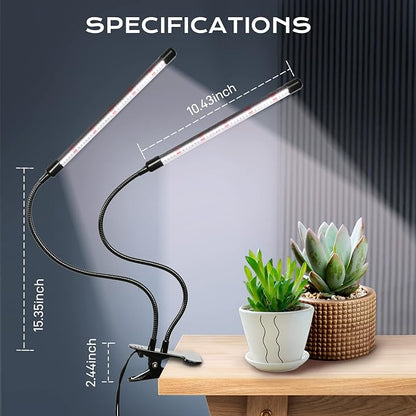 iPower LED Grow Light with Full Spectrum for Indoor Plants, Adjustable Gooseneck, 5 Dimmable Levels, 3 Auto Timing Modes, White
