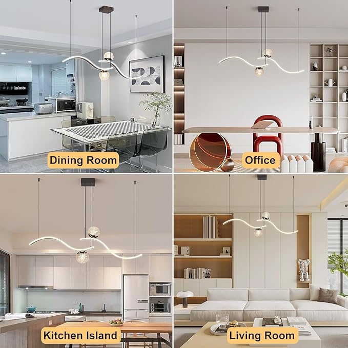 ORANOOR Modern LED Globe Pendant Light, 39in Dimmable Black Hanging Chandelier Light Fixture, 2-Wave Kitchen Pendant Lighting Over Island, Dining Room Lights Ceiling Hanging Over Table (2-Bulb)