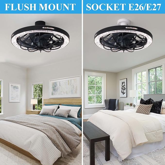 Socket Fan Light with Remote, 13 inch Socket Ceiling Fan with Dimmable Led Light, 3 Colors 3000K-6500K, 3 Speeds, Flush Mount Ceiling Fans with Lights for Bedroom, Kitchen, Living Room-Black