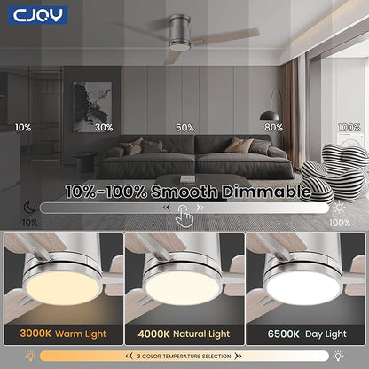 CJOY Ceiling Fans with Lights, 52 Inch Flush Mount Indoor Ceiling Fan with Light and Remote, Low Profile, LED Dimmable DC Reversible Modern Ceiling Fan for Bedroom（Brushed Nickel）