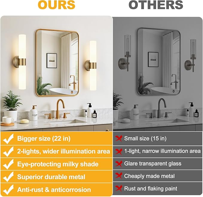 Wall Sconces Set of Two, Modern Bathroom Sconces Wall Lighting with & Milky White Glass, Brass Sconces Wall Decor Set of 2 for Bathroom Mirror Bedroom Living Room Hallway