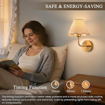 ADISUN Battery Operated Wall Sconce Set of 2, Gold Wall Lamps for Living Room, Rattan Shade, Dimmable, Wireless Wall Lights for Bedroom Living Room Hallway Kitchen(2 Bulbs Included)