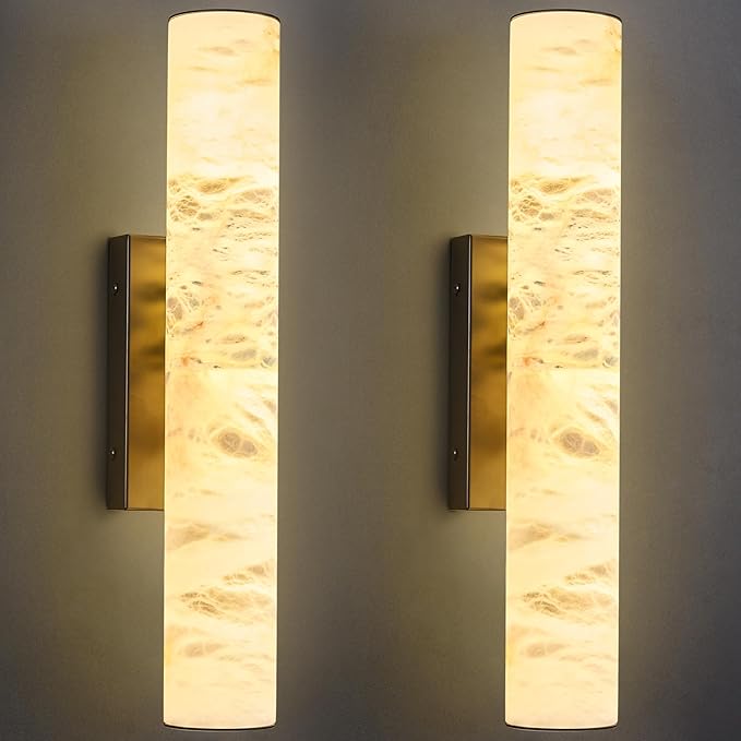 LMQNINE Natural Alabaster Wall Sconces Set of Two Spanish Marble Wall Light Cylinder Modern Black LED Sconce for Living Room Bedroom Bathroo Stairs（S-2Pack）
