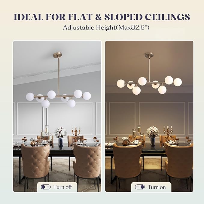 Modern Linear Chandelier, Mid Century Gold Sputnik Pendant Light with White Glass Lampshade,8 Lights Globe Rectangle Chandelier,for Dining Room Kitchen L31.4 in x W10.6 in