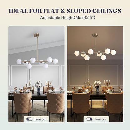 Modern Linear Chandelier, Mid Century Gold Sputnik Pendant Light with White Glass Lampshade,8 Lights Globe Rectangle Chandelier,for Dining Room Kitchen L31.4 in x W10.6 in