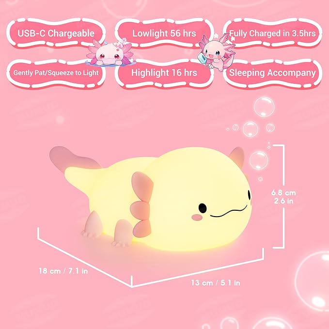Axolotl Night Light, LED Cute Pink Silicone Nursery Lamp for Kids, Squishy Touch Nightlight Bedside Lamp with 20 Minutes Timer for Breastfeeding, Funny Decor, Cute Gifts