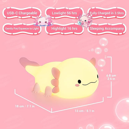 Axolotl Night Light, LED Cute Pink Silicone Nursery Lamp for Kids, Squishy Touch Nightlight Bedside Lamp with 20 Minutes Timer for Breastfeeding, Funny Decor, Cute Gifts