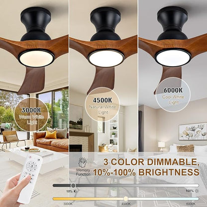 36 inch Flush Mount Ceiling Fans with Lights,Remote Control,Wall Switch,Solid Wood Blades,Dimmable,Reversible,Noiseless, Low Profile Black Ceiling Fan Indoor/Outdoor for Bedroom Patios