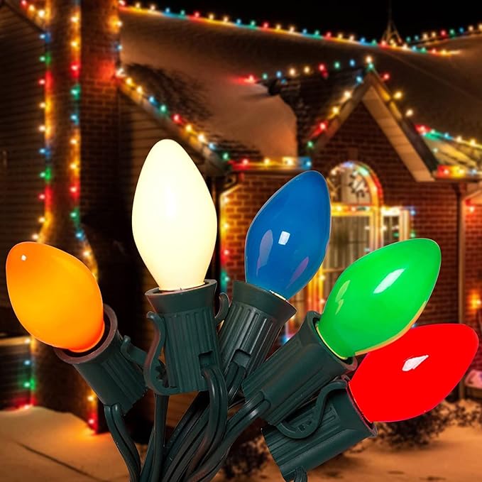 C7 Christmas Lights Outdoor 25Ft LED Christmas String Lights with 27 Multicolor LED Bulbs(2 Spare), Vintage Colorful String Lights for Garden Wedding Party Xmas Decoration, Green Wire