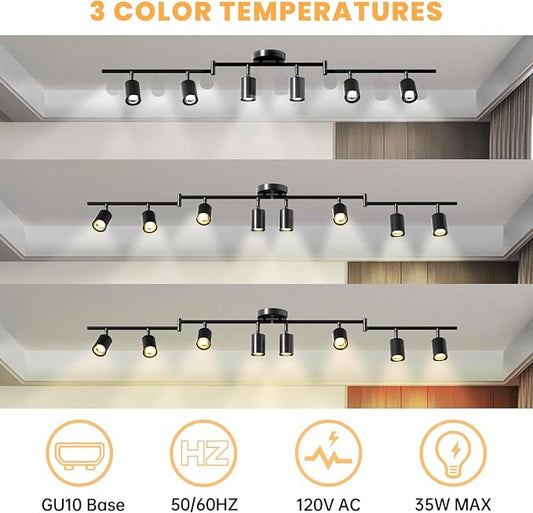 LED 8 Light Track Lighting Kit, 3 Color Adjustable Ceiling Spot Lighting Includes 8 x GU10 Bulb, Modern Track Light Fixture with Rotatable Heads for Kitchen, Living Room, Bedroom