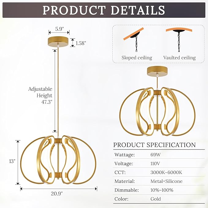 Modern Gold Chandelier with Remote Control, 69W 3-Color Temperature Dimmable LED Chandelier for Dining Room, Hanging Adjustable Pendant Light for Living Room Kitchen Foyer Entryway