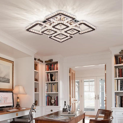 FRIXCHUR Square Crystal Chandelier 20 Inch Flush Mount Ceiling Light 8 Light Modern LED Crystal Ceiling Fixture with 3 Color Light for Bedroom Living Room Dining Room