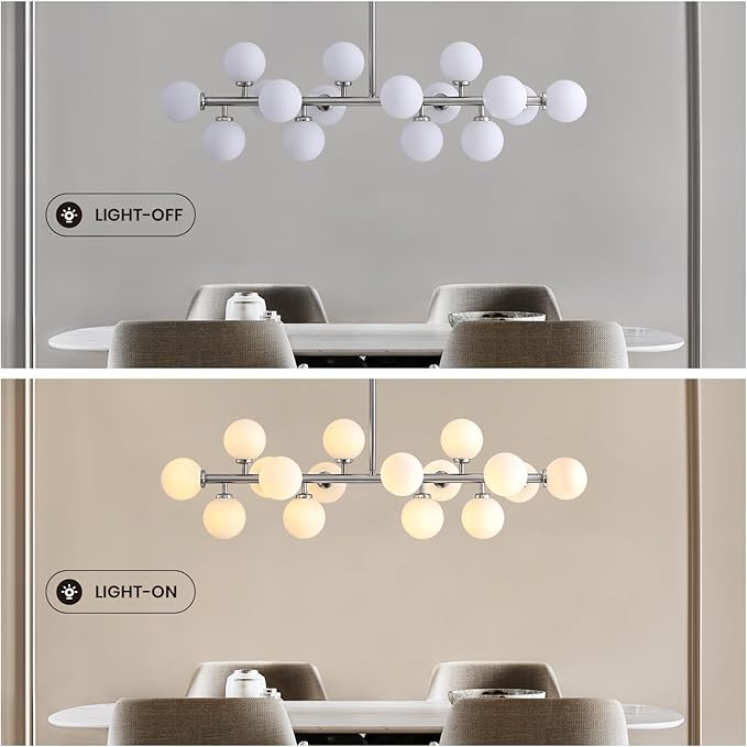 39'' Brushed Nickel and Milky White Mid Century Modern Pendant Lights Dimmable Glass Globe Sputnik Chandelier 16 Lights Linear Chandelier Light Fixtures for Kitchen Island Dining Room