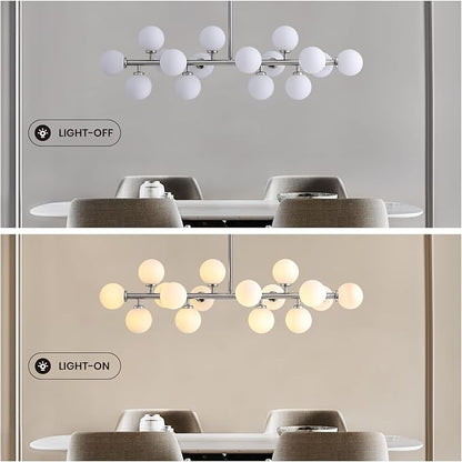 39'' Brushed Nickel and Milky White Mid Century Modern Pendant Lights Dimmable Glass Globe Sputnik Chandelier 16 Lights Linear Chandelier Light Fixtures for Kitchen Island Dining Room
