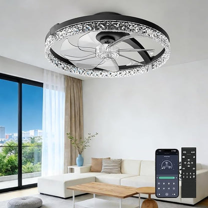 AIKVSXER Ceiling Fans with Lights,20 Inch Low Profile Fandelier with APP Control, Ultra Quiet,3CCT and 6 Wind Speeds for Bedroom, Living Room Modern Flush Mount Fan Light (Black, 20inch-Crystal Fold)