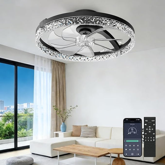 AIKVSXER Ceiling Fans with Lights,20 Inch Low Profile Fandelier with APP Control, Ultra Quiet,3CCT and 6 Wind Speeds for Bedroom, Living Room Modern Flush Mount Fan Light (Black, 20inch-Crystal Fold)