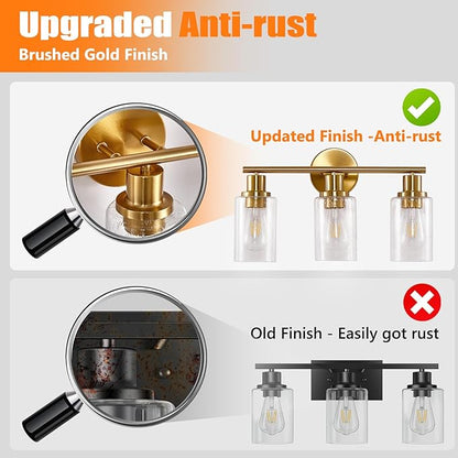 DLLT 3-Light Bathroom Light Fixtures: Gold Modern Vanity Wall Lights with E26 Bulbs - Bubbled Glass Shade Bathroom Wall Lamp for Mirror Kitchen Living Room Hallway Cabinet Porch