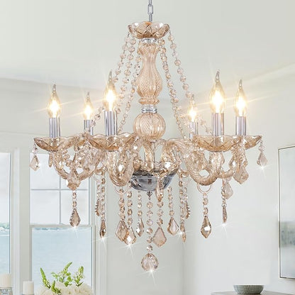 Crystal Chandeliers for Dining Room, 6-Lights Classic Cognac Pendant Light K9 Vintage Chandelier for Bedroom, Candle Ceiling Light Fixture Cognac Chandelier for Living Room Wedding Decor