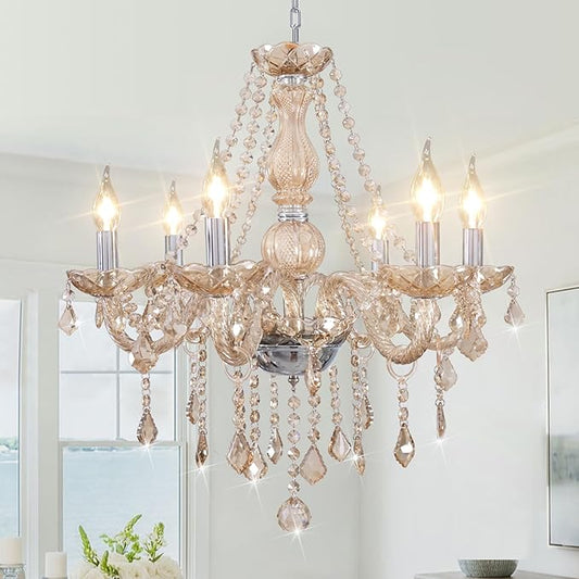 Crystal Chandeliers for Dining Room, 6-Lights Classic Cognac Pendant Light K9 Vintage Chandelier for Bedroom, Candle Ceiling Light Fixture Cognac Chandelier for Living Room Wedding Decor