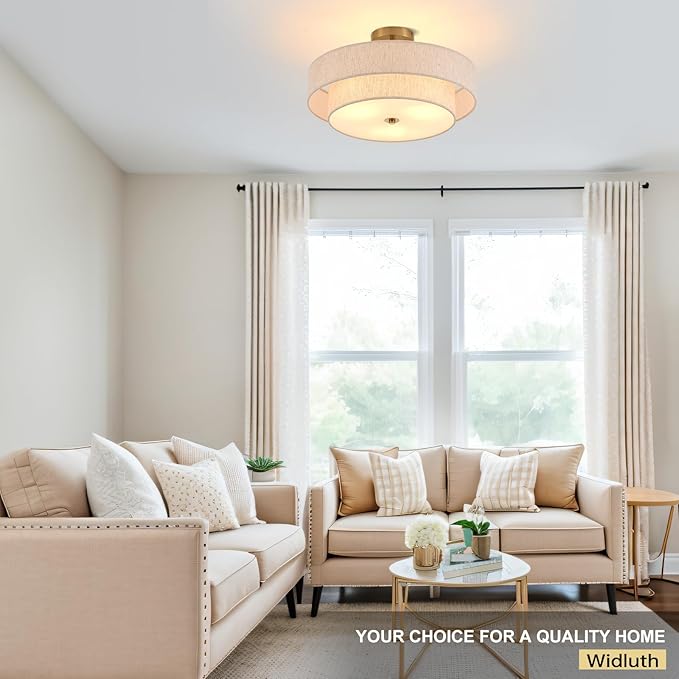 Modern Semi Flush Mount Ceiling Light 18" Modern Gold 3-Lights Drum Ceiling Lighting Fixture Vintage Linen Golden Ceiling Lamp for Laundry Room, Kitchen, Basement, Dining Room, Bedroom