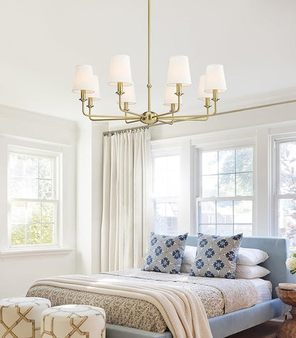40.5'' 8-Light Brushed Gold Chandelier, E12 Base, White Fabric Shade - Farmhouse & Industrial Style Pendant Light for Dining Room Living Room Bedroom Kitchen