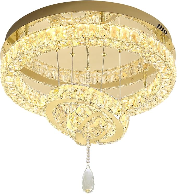 Flashing God Modern Crystal Chandelier Bedroom Chandeliers Flush Mount Ceiling Chandelier Light Fixture for Dining Room Entrance LED Dimmable Gold Ring Chandeliers