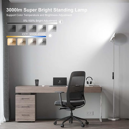 SUNMORY Floor Lamps for Living Room, 32W/3000LM Super Bright LED Floor Lamp with Remote Control, 69" Tall Standing Lamp with Stepless Dimmable, Modern Torchiere Corner Lamp for Bedroom, Office Nickel