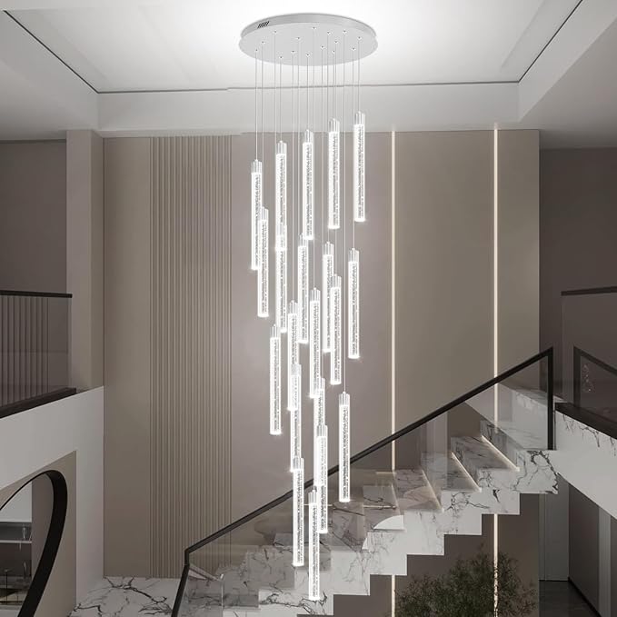 138'' Long Crystal Column Chandelier Extra Large Staircase High Ceiling Chandelier Silver 20-Lights Dimmable Led Pendant Lighting Foyer Entryway Light Source is Replaceable