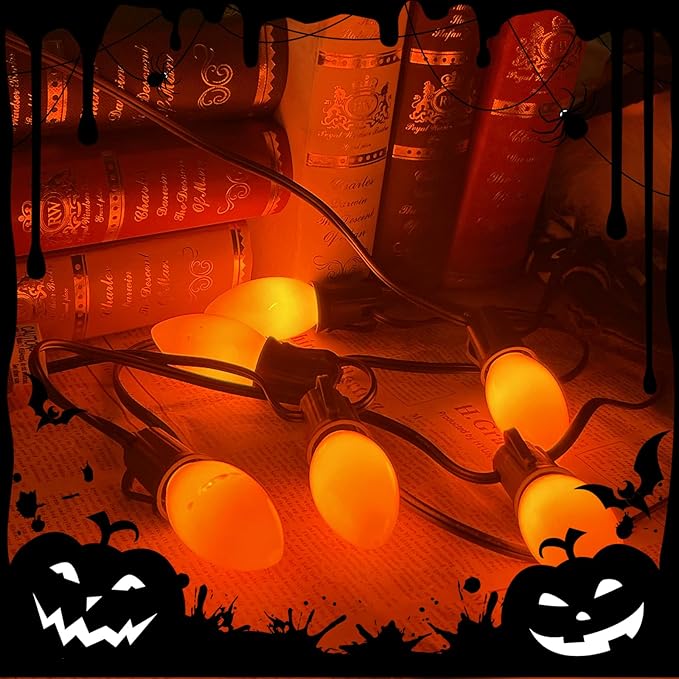 Orange LED Outdoor Halloween Lights, 25FT Halloween Decorations with 25 C9 LED Bulbs, Connectable String Light Plug in for Garden Patio Party Haunted House Ghost Holiday Decor