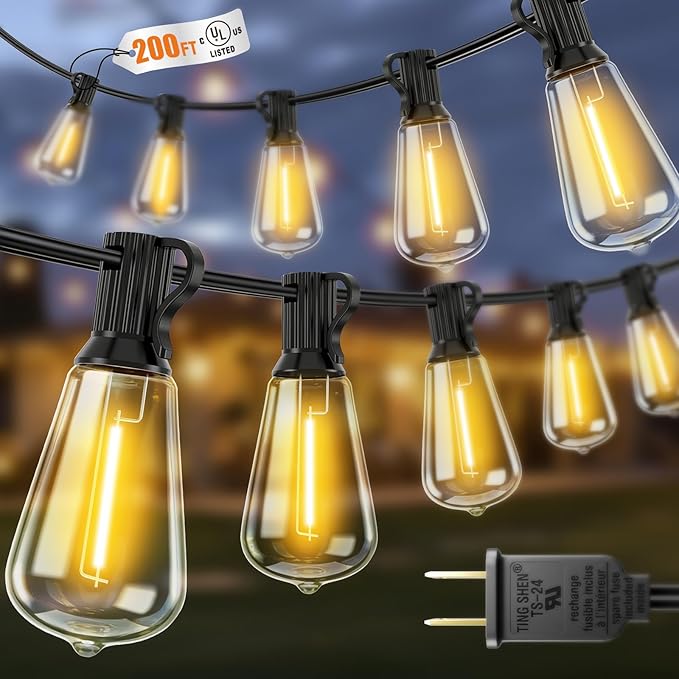 VOLIVO 200FT Outdoor String Lights for Patio, Waterproof Hanging Lights with 65+2 Shatterproof ST38 Edison Bulbs, Dimmable & Connectable Outside String Light for Backyard, Deck, Porch, Balcony
