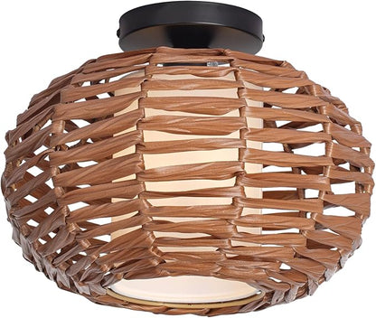 CALOKES Boho Semi Flush Mount Ceiling Light, Rattan Style Hand Woven Shade, Farmhouse Ceiling Fixture for Bedroom, Kitchen, Hallway, Entryway