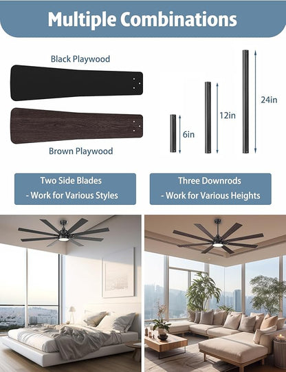 72 Inch Large Ceiling Fans with Lights and Remote - Matte Black Ceiling Fan with light, Quiet DC Motor, 3 CCT, Dimmable Modern Indoor Outdoor Ceiling Fans for Patios Living Room (Upgraded)