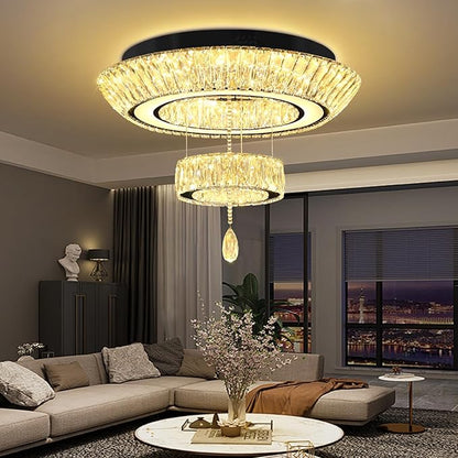 Led 24'' Black Ring Crystal Chandelier,Modern Luxury 2 Tier Crystal Raindrop Chandeliers Lighting for Dining Living Room LED Dimmable 3000-6000K