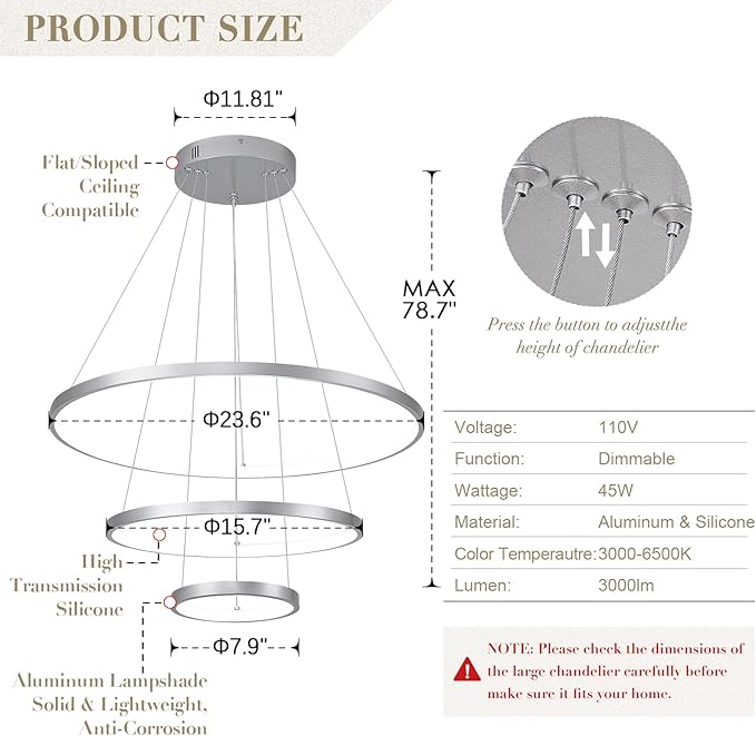 Modern Silver LED Chandeliers 3 Rings Chandelier 23.6" Dimmable LED Pendant Light Fixture Remote Control Contemporary Flush Mount Chandelier for Dining Room Bedroom Foyer, 3000-6500K