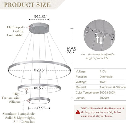 Modern Silver LED Chandeliers 3 Rings Chandelier 23.6" Dimmable LED Pendant Light Fixture Remote Control Contemporary Flush Mount Chandelier for Dining Room Bedroom Foyer, 3000-6500K