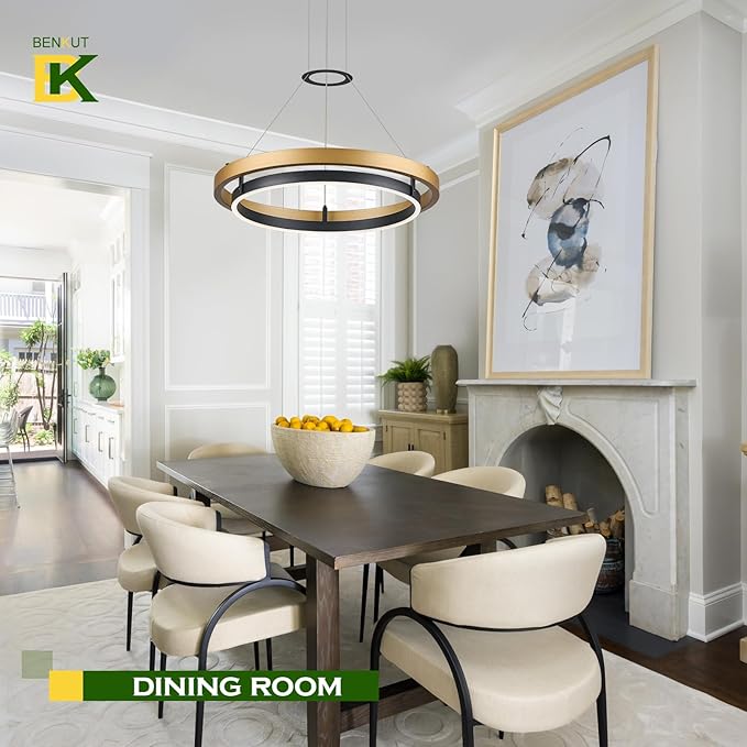 Benkut Modern LED Chandelier Black Gold Dimmable Circular LED Pendant Light with Remote Ring Chandelier Dining Room Light Fixtures for Kitchen Island Living Room Entryway, D23.6in