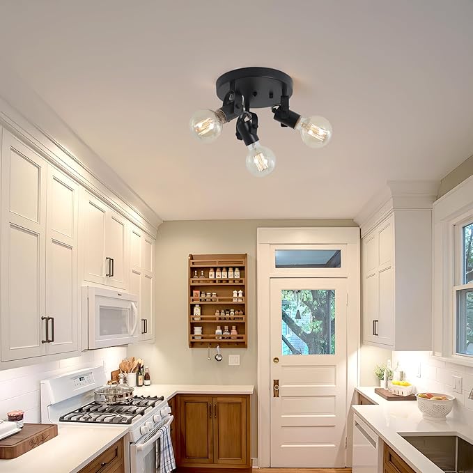 3-Light Flush Mount Ceiling Spotlight，Multi-Directional Track Lighting Fixtures Ceiling with Open No Shade Design, Black Kitchen Light for Island, Sink,Dining Room, Hallway (E26, Bulb Not Included)