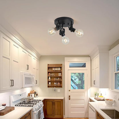 3-Light Flush Mount Ceiling Spotlight，Multi-Directional Track Lighting Fixtures Ceiling with Open No Shade Design, Black Kitchen Light for Island, Sink,Dining Room, Hallway (E26, Bulb Not Included)