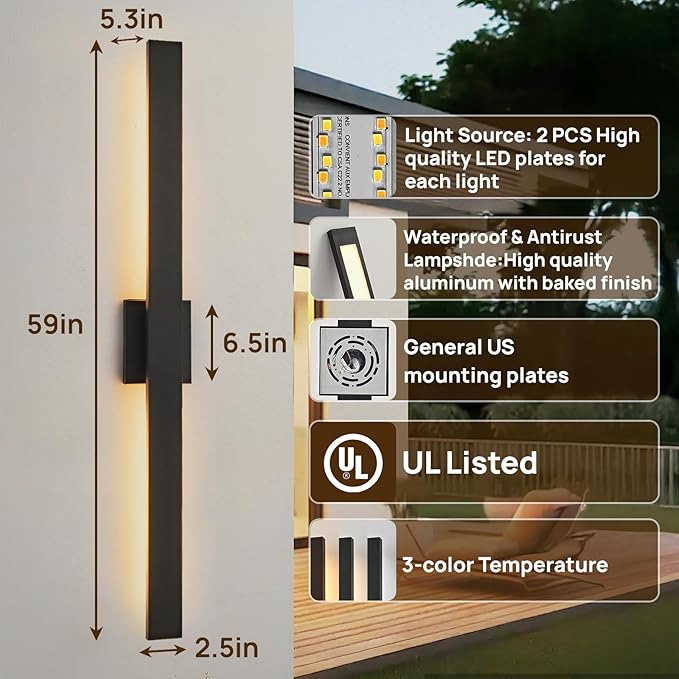 Upgraded 2-Pack 59in Black Long Modern LED Outdoor Wall Lights 3000K 4000K 5000K Dimmable Exterior Wall Sconce Outside Light fixtures for House Garage Front Door