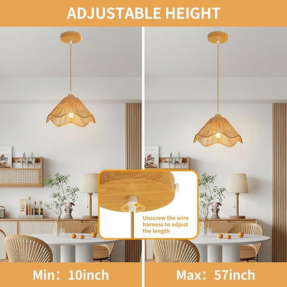 12.4" Wave Rattan Chandelier Pendant Lights Kitchen Island,Farmhouse Boho Chandeliers Adjustable Height Hanging lamp for Dining Room,Kitchen Ceiling Light Fixtures Hand Woven Wicker Lampshade