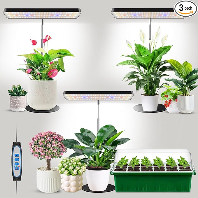 Aumtrly Plant Lights for Indoor Growing, Full Spectrum Grow Light 3 Pack with Base, 26 Inch Height Adjustable LED Grow Lamp with 6/12/16H Timer, 5 Dimming Levels, Ideal for Seeds Starting