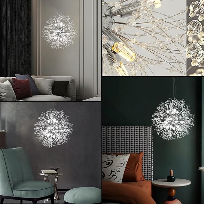Modern Firework Chrome Crystal Chandeliers, Sputnik Dandelion Chandelier Light Fixture Pendant Lighting for Dining Room, Living Room, Bedroom, Kitchen, Restaurant- 9 Lights