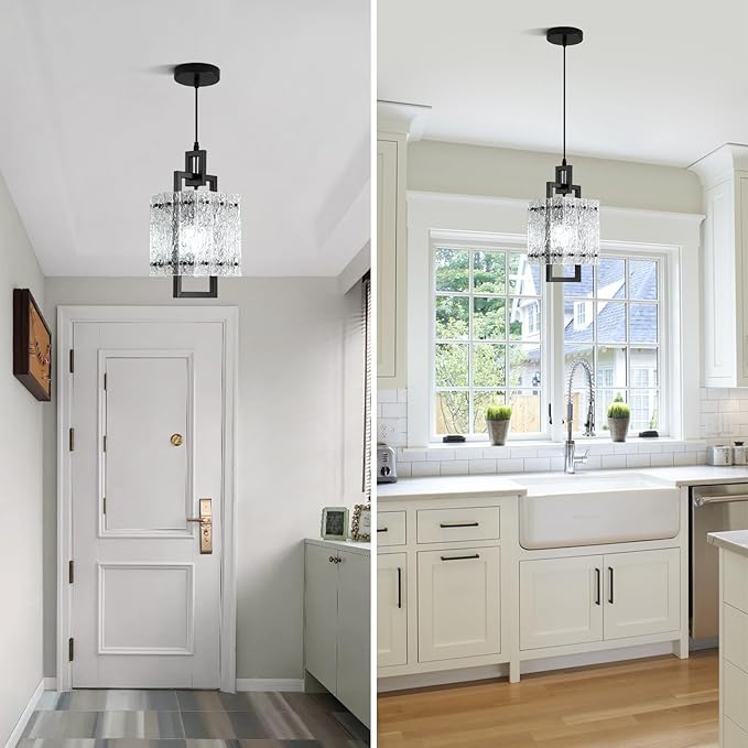 Black Pendant Light Fixtures Modern Pendant Lights Kitchen Island Water Ripple Glass Square Pendant Light Adjustable Hanging Pendant Lighting for Kitchen Dining Room Over Island 1 Pack